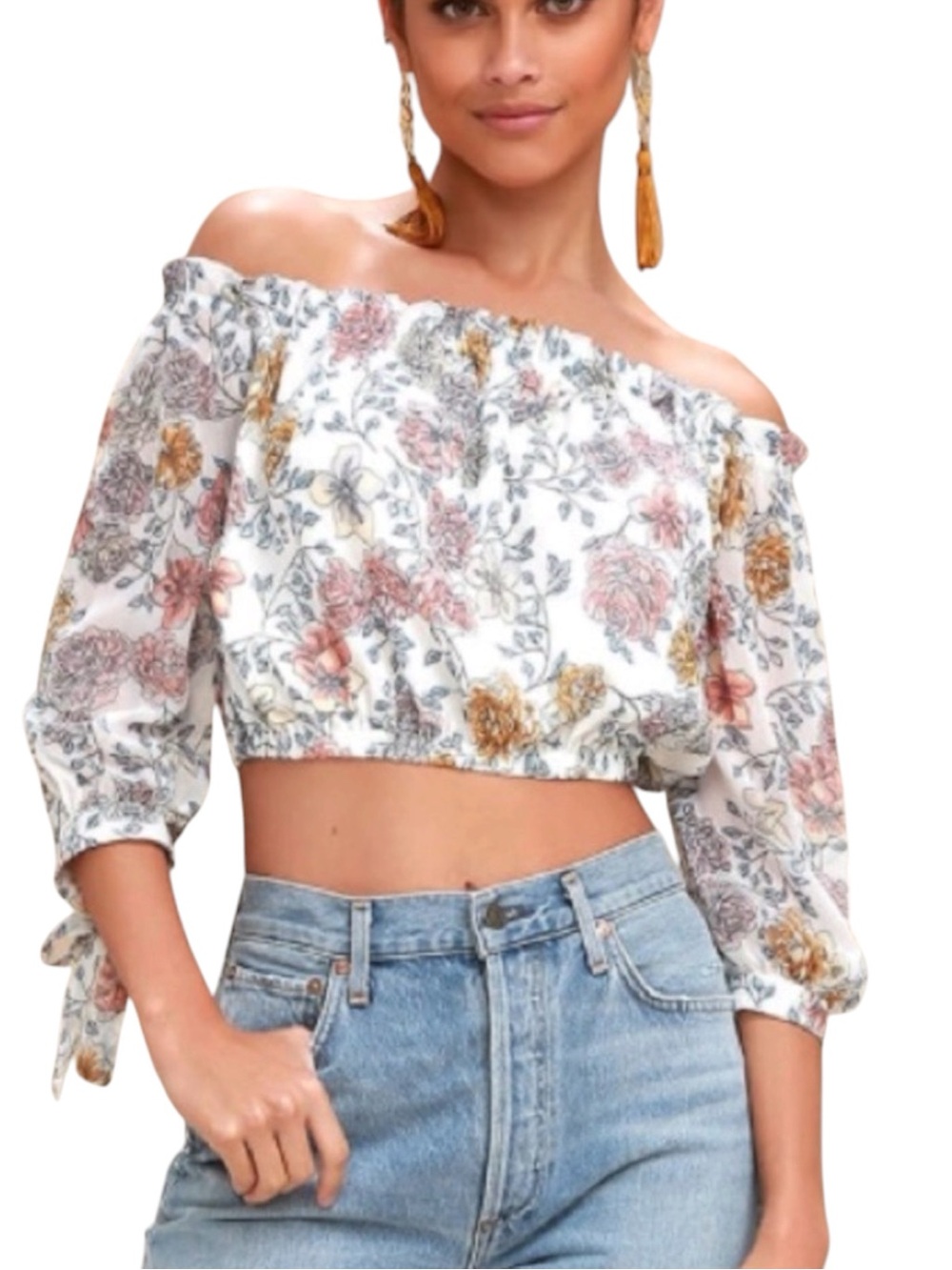 J.O.A. Carlile Ivory Floral Off-Shoulder 3/4 Tie Sleeve Crop Top (M)